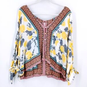 Free People Freshly Squeezed Boho Top Tie Sleeve V Neck Slouchy Lemon Print M
